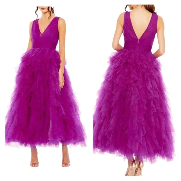 Mac Duggal Vibrant Fuchsia Layered Midi Dress - Picture 1 of 5